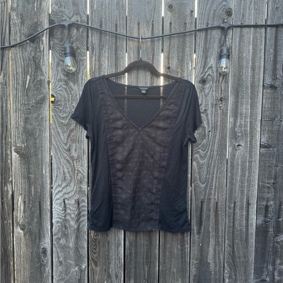 Ann Taylor Black V Neck Multi Media Embroidered Lace Inset Short Sleeve Blouse S - Picture 2 of 5